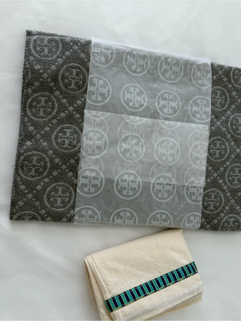 Tory Burch Gray Monogram Scarf with Fringe